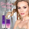 Get Ready with Me' featuring a beautiful woman with glamorous makeup and a golden dress, alongside One Truth 818 Anti-Ageing Serum (purple and white bottle) and Enzyme Masque Collagen Promoting (pink and purple bottle). Skincare routine for radiant skin, with TAM-818, for pre-event preparation or beauty influencers.